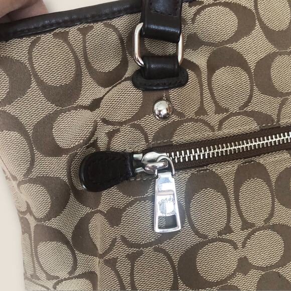 Authentic Coach Jacquard Monogram Tote Purse Brown Tan with Leather Trim - Picture 5 of 15